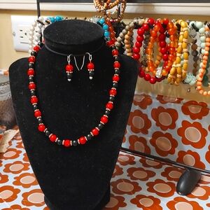 Black Glass & Vintage Upcycled Red Filagree Balls Necklace with Earrings Set